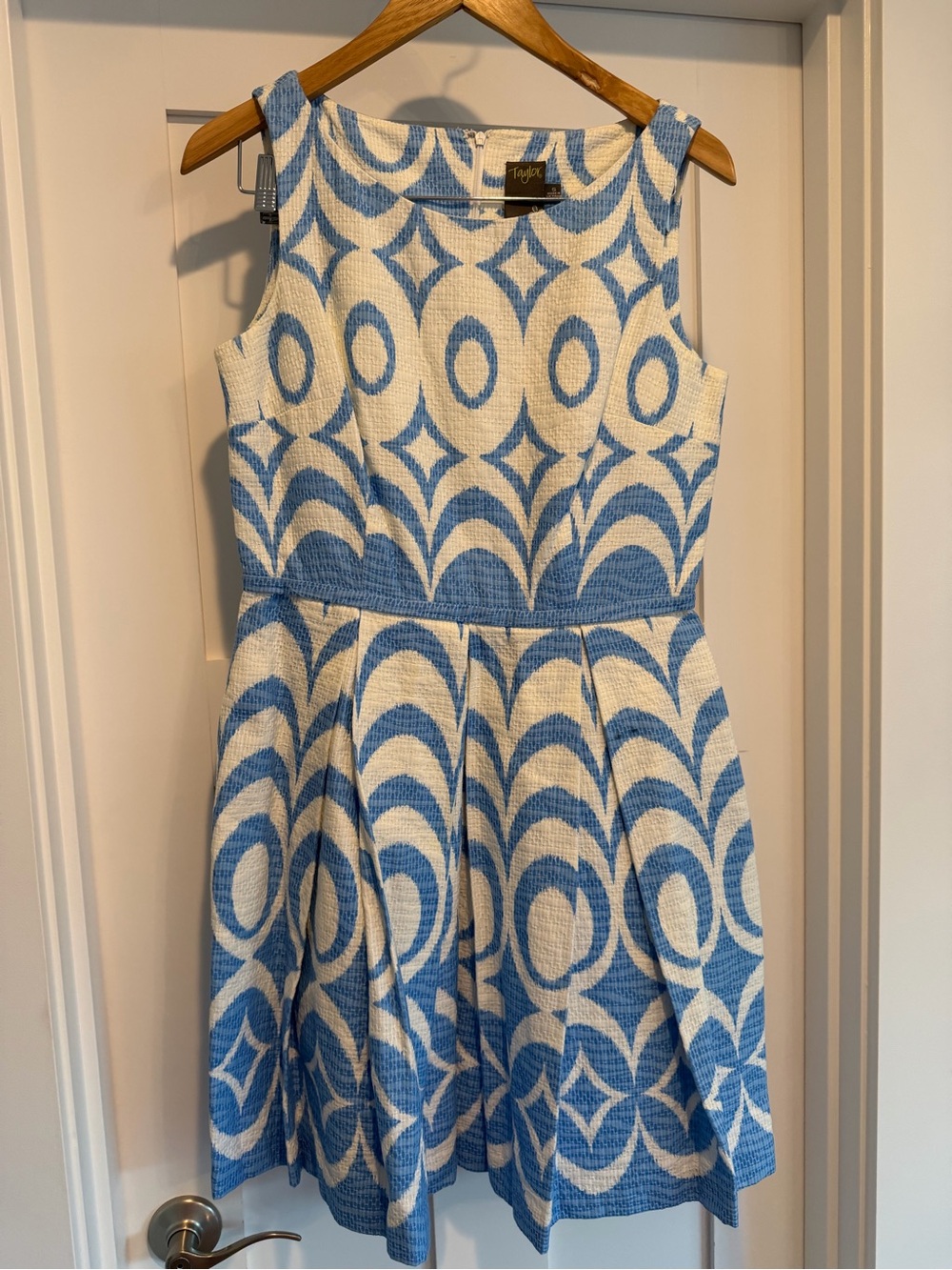 TAYLOR Sleeveless Blue & White Patterned Fit-and-Flare Dress